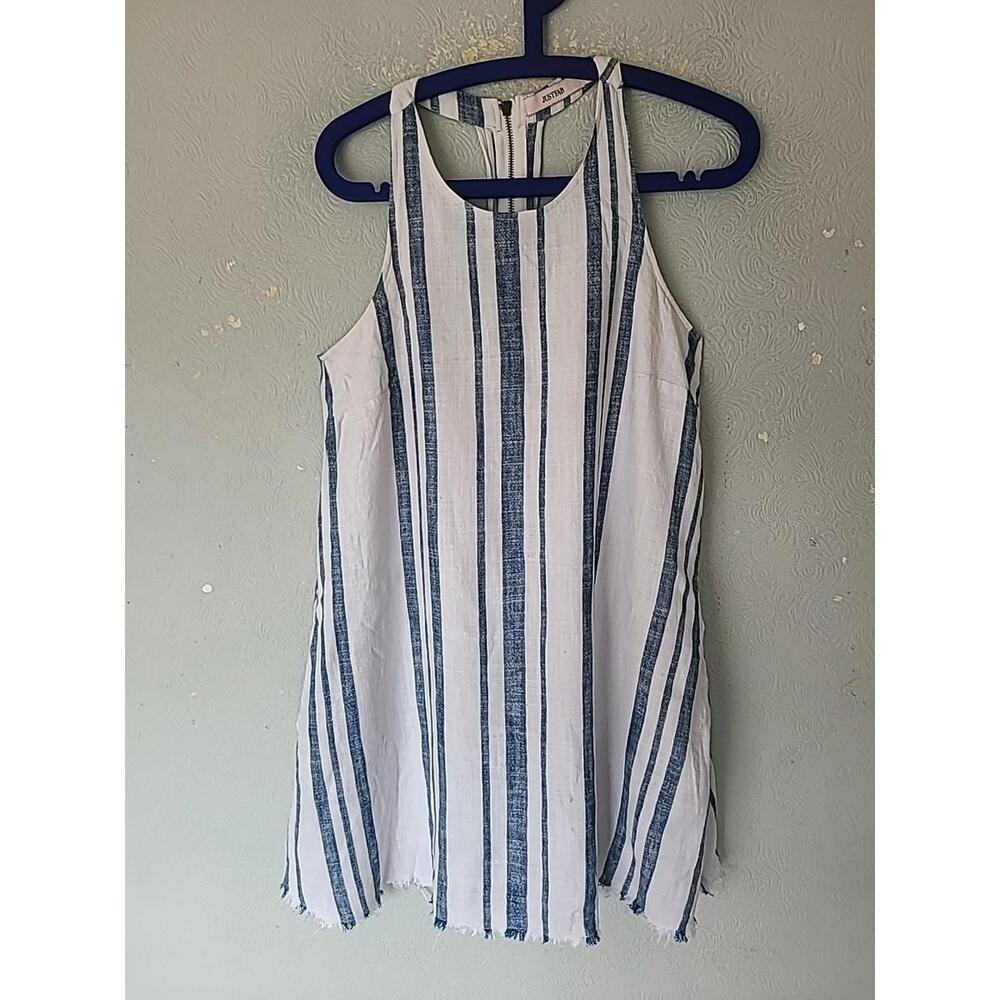 JUST FAB WHITE BLUE STRIPED LINED LINEN SLEEVELESS SIZE MEDIUM 12 ZIP REAR DRESS